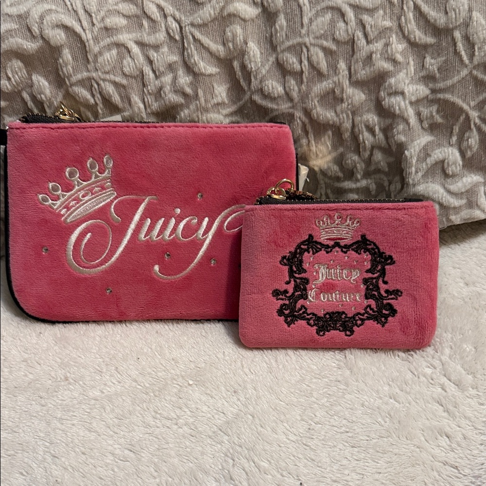Juicy Couture Pink Suede Cosmetic Pouch Duo With Embroidered Logo